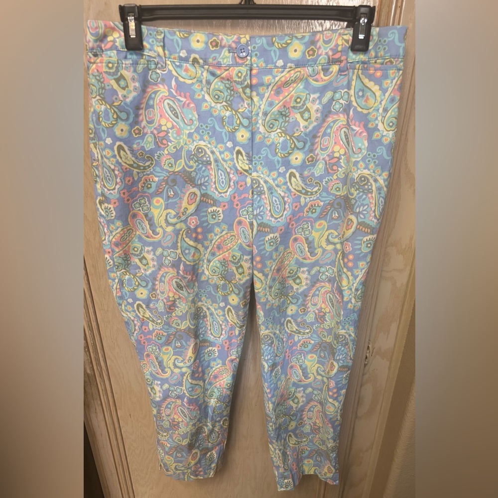 Talbots Pants Womens Sz 12 Blue Paisley Flat Front The Perfect Crop Pants Spring